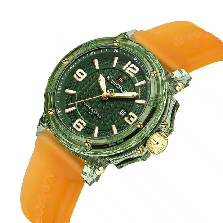 ساعت مچی عقربهای کوارتز زنانه نیوی فورس مدل NF7125 سبز زیتونی بند نارنجی