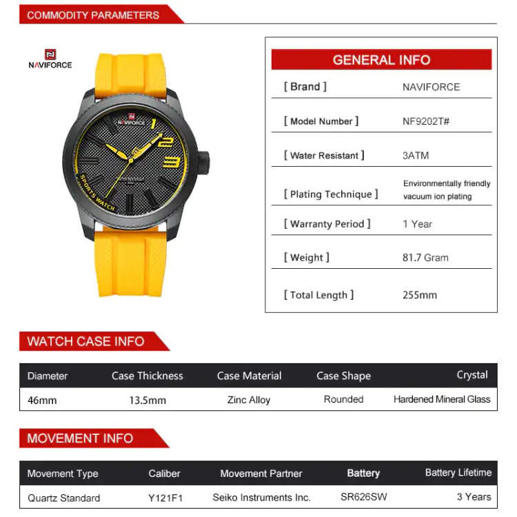 ساعت نیوی فورس مدل Naviforce NF9202 زرد