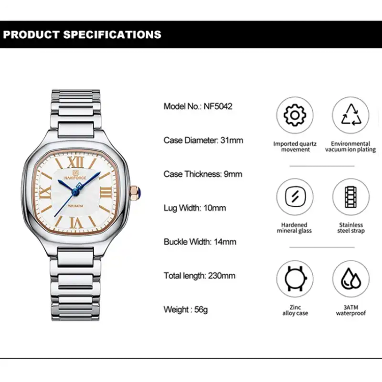 ساعت زنانه نیوی فورس مدل Naviforce NF5042 نقره ای _ طلایی